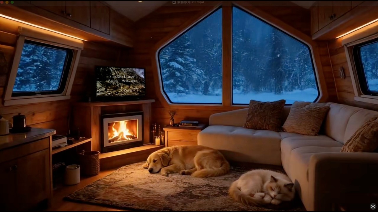 Fireplace White Noise for Deep Sleep | Winter Cabin | Snowy Forest Window | Sleepy Pets Inside