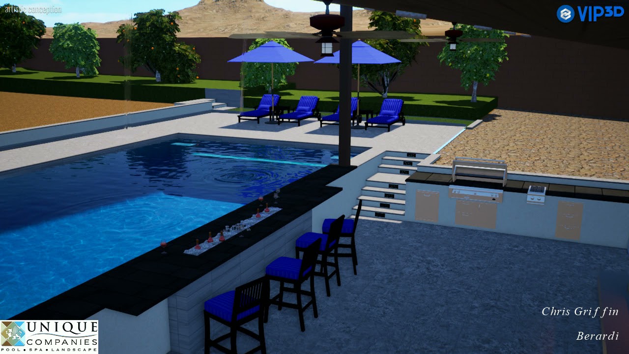 3D Pool Design with Swim-Up Bar, Outdoor Kitchen & Fireplace TV Lounge | Ultimate Backyard Setup