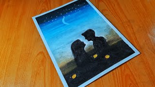 Couple Moonlight scenery drawing with Oil Pastels - step by step