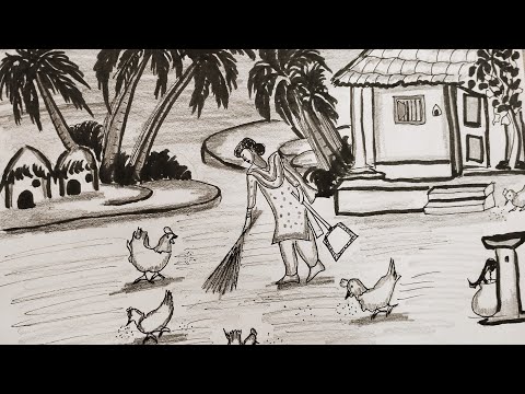 #How to draw village scenery #Black pen pencil drawing##step by step tutorial #simple drawing