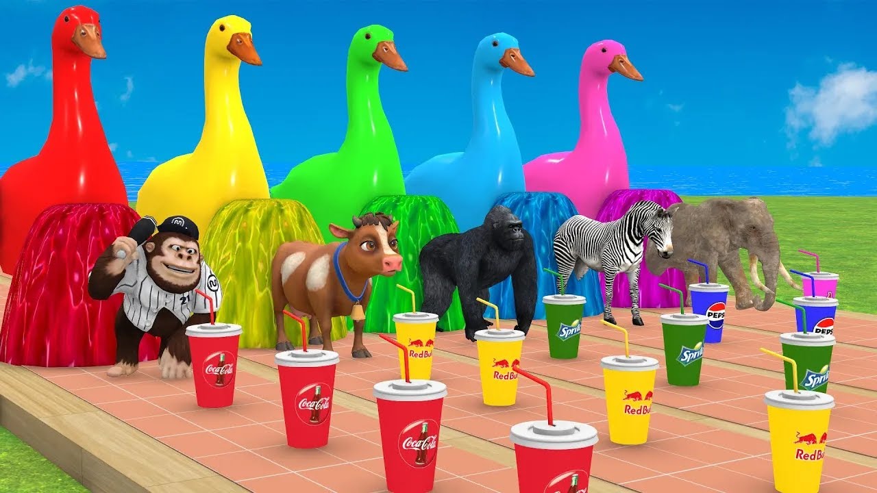 Long Slide Game With Elephant Gorilla Buffalo Hippopotamus Tiger - 3d Animal Game - Funny 3d Animals