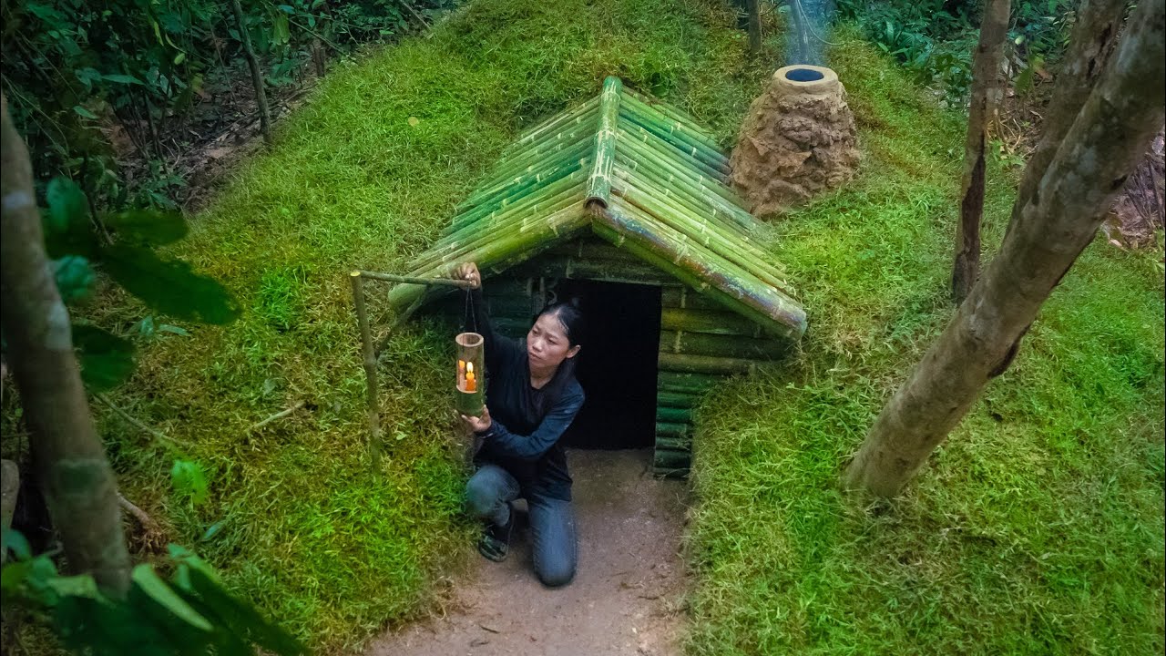 GIRL LIVING OFF THE GRID BUILD THE MOST BEAUTIFUL SECRET UNDERGROUND ...