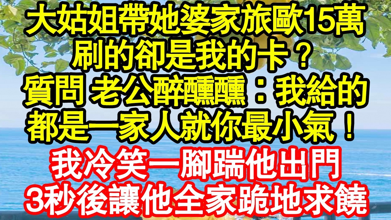 大姑姐帶她婆家旅歐15萬，刷的卻是我的卡？質問 老公醉醺醺：我給的，都是一家人就你最小氣！我冷笑一腳踹他出門，3秒後讓他全家跪地求饒 真情故事會|老年故事|情感需求|養老|家庭正能量