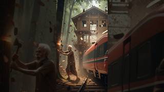 Grandfather builds a bamboo house on barren land and a train hits it 😭 #ai #tree #home #train