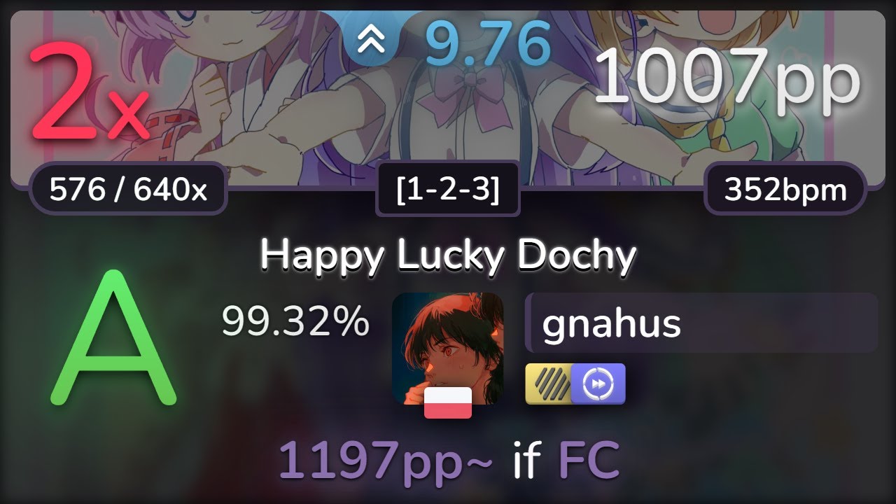 9.8⭐ gnahus | Rika - Happy Lucky Dochy [1-2-3] +HDDT 99.32% (1007pp 2❌) - osu!