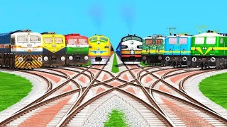 Steam Diesel And Electric Trains Crossing At Dangerous Risky Railroad Tracks/new Engine to Modern