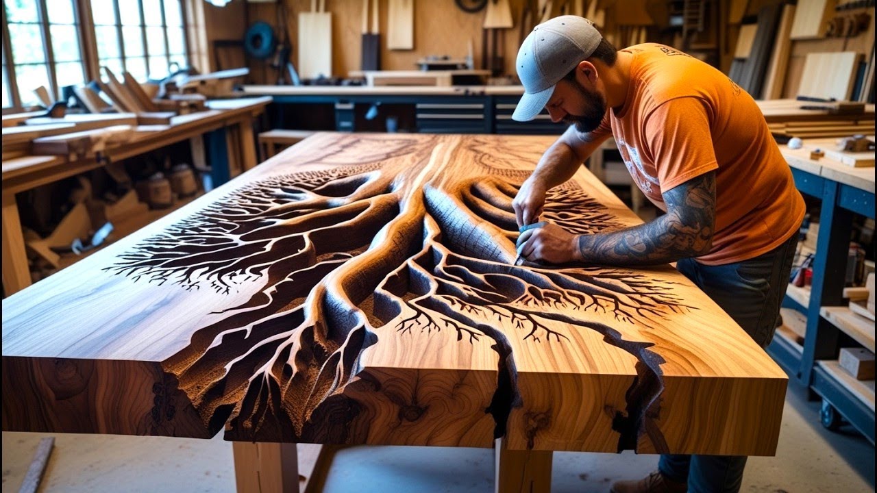 Talented Carpenter Builds Desk & Dining Table with Electric Burning Art & Glossy Epoxy