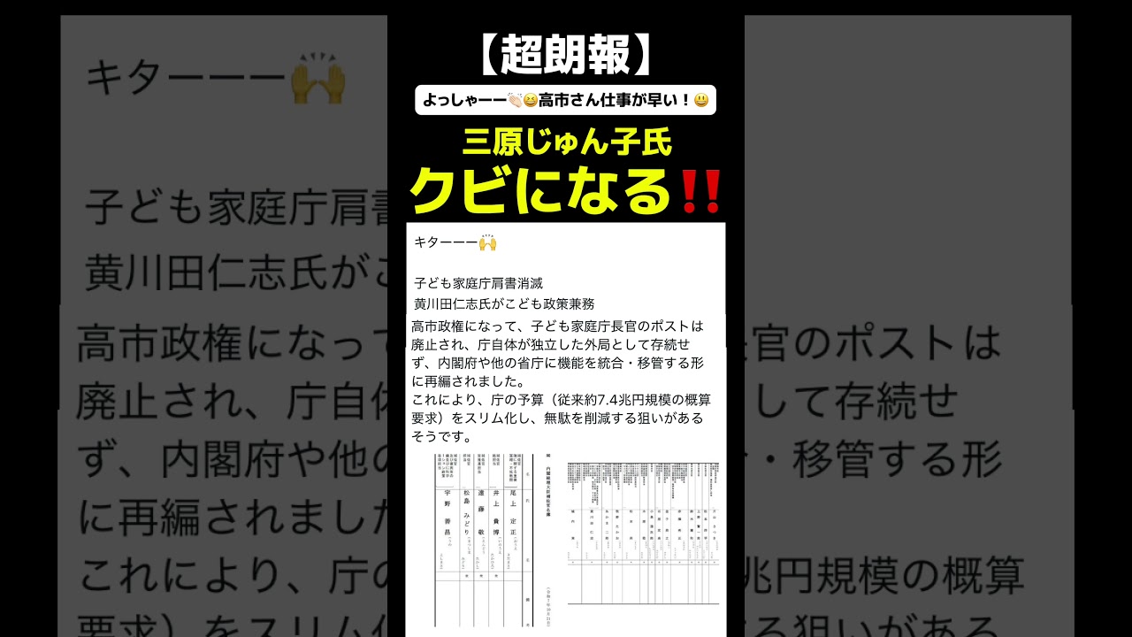 【超朗報】こども家庭庁を内閣府や他の省庁に機能を統合・移管する形に再編！三原じゅん子氏から黄川田仁志氏へ！