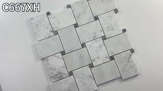 C667XH Carrara White Marble Large Basketweave Mosaic Tile w/ Bardiglio Gray Dots Honed