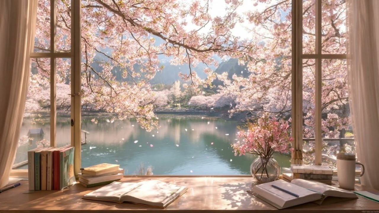 Cherry Blossom Lake Morning Piano 🌸 Lofi to Relax & Study