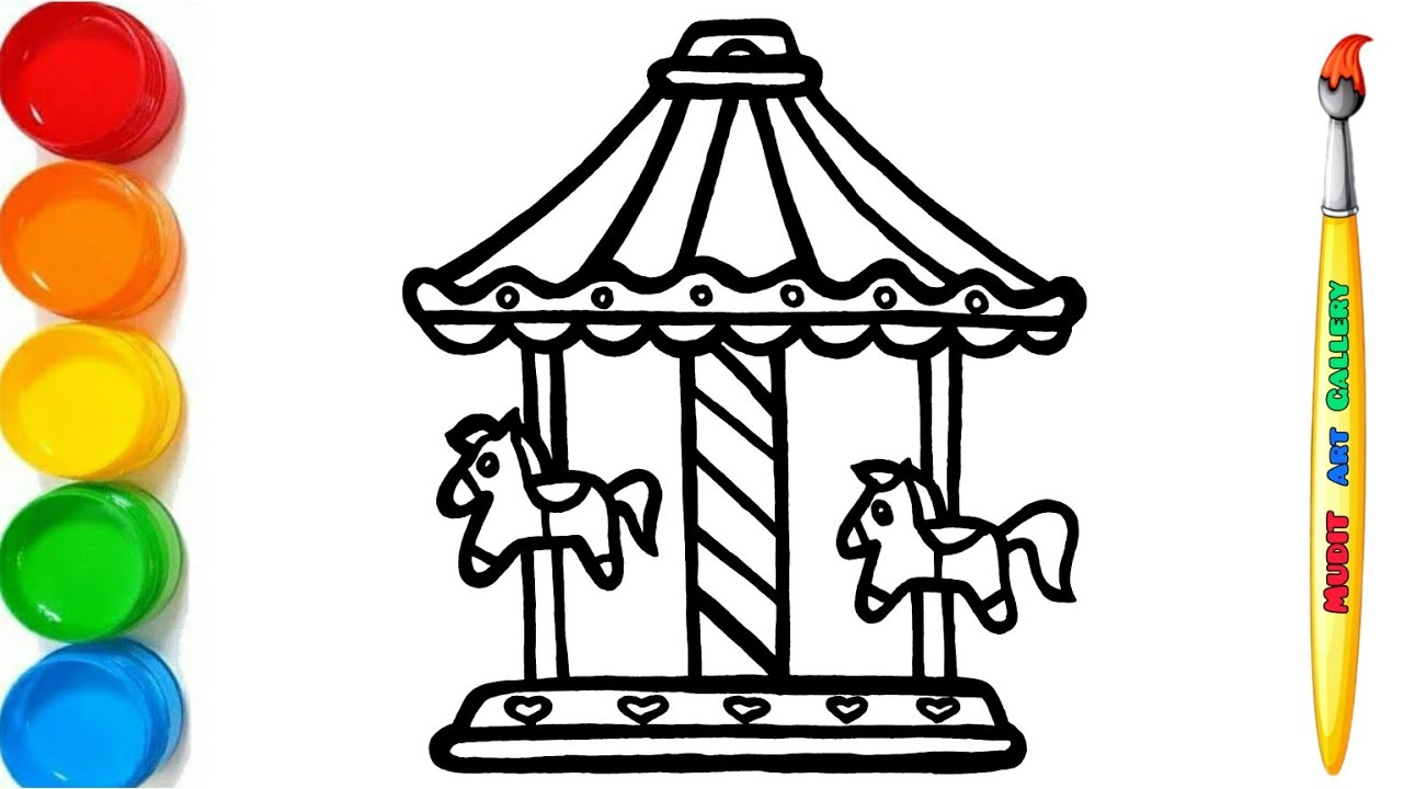 Carousel Drawing Fun For Kids Coloring | Step By Step Drawing Painting For Kids
