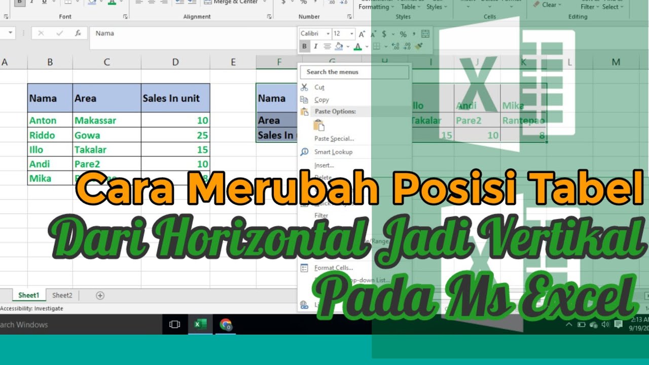 Cara Merubah Posisi Tabel dari Horizontal Jadi Vertikal Pada Ms Excel YouTube