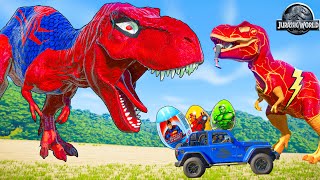 One Spiderman T-Rex vs Other Big Colorful Dinosaurs in Jurassic World! I-Rex vs T-Rex Dino Fight!