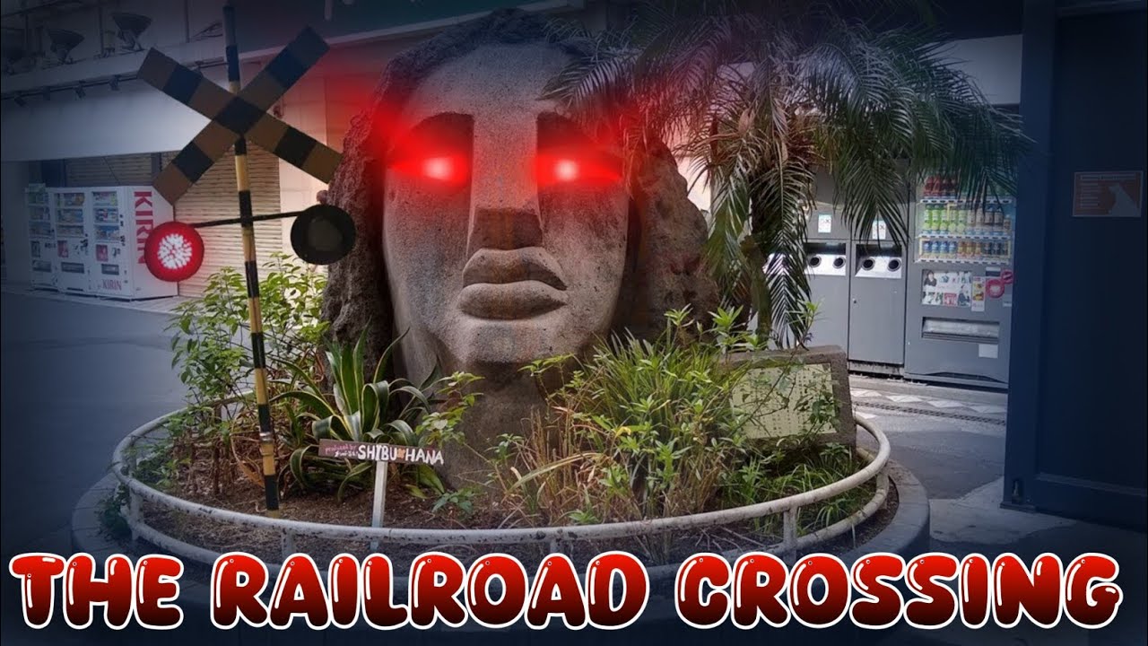 Mini railroad crossing and stone statue "Kankan": railroad 🚸🚷🚫🤖