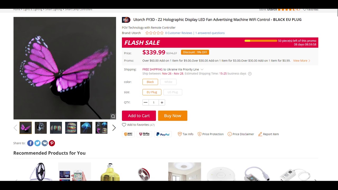 Utorch FY3D - Z2 Holographic Display LED Fan Advertising Machine WiFi Control - BLACK EU PLUG