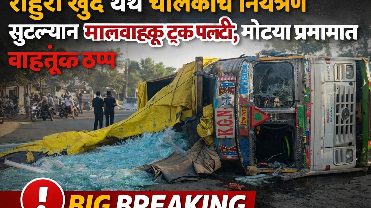 राहुरी खुर्द येथे चालकाचे नियंत्रण सुटल्याने मालवाहतूक ट्रक पलटी ; मोठया प्रमाणात वाहतूक ठप्प