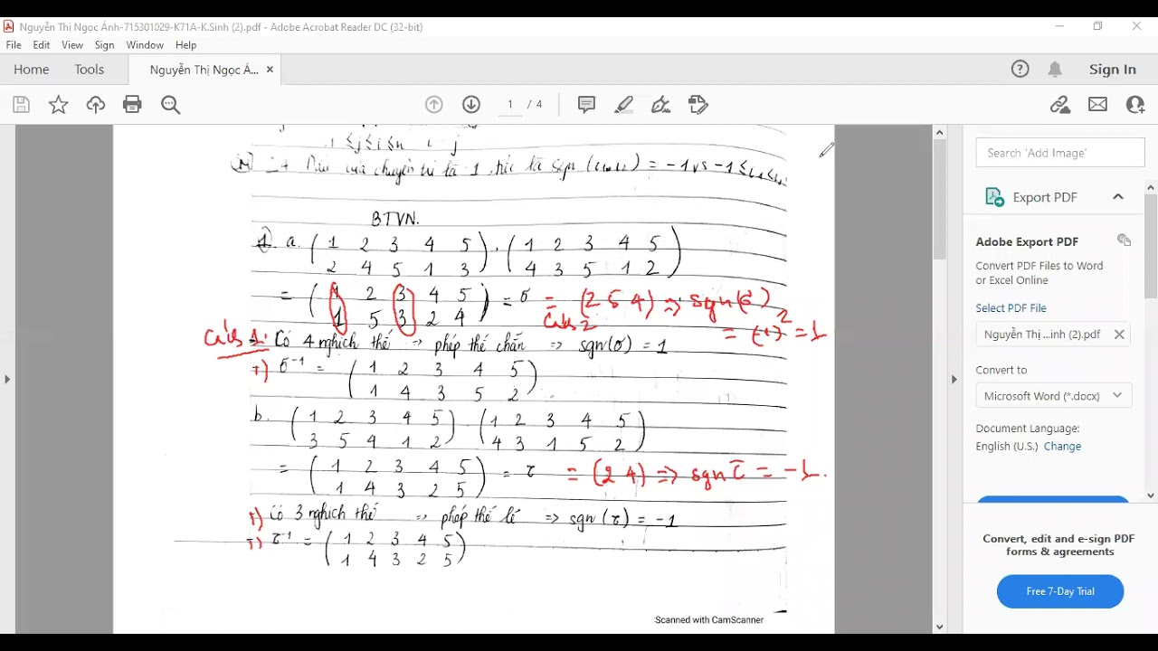 Lý thuyết ma trận: Bài 2 - Phép thế - 2- Chữa bài tập