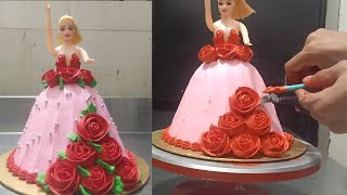 Barbi doll cake with pink and red color theme|khalid baiking