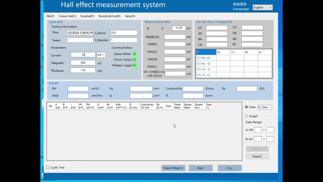 Test Software of DX-60 Hall Effect Measurement System