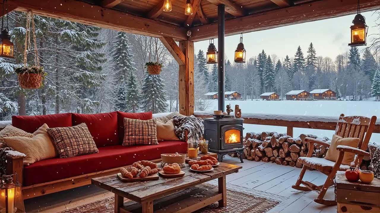 Cozy Winter Porch Jazz ❄️ Fireplace Ambience & Smooth Jazz Music for Snowy Relaxing Evenings