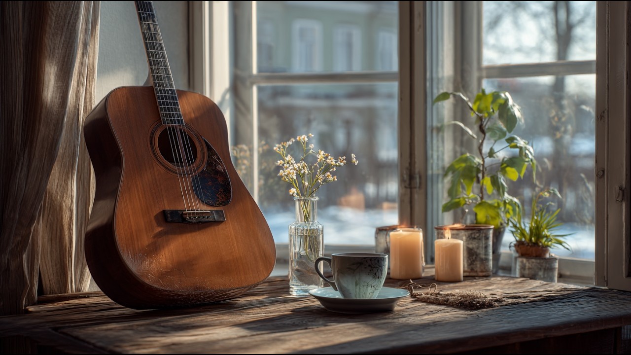 [Фоновая музыка для работы] Нежный гитарный джаз у зимнего окна | Свечи и уютное утреннее внимание