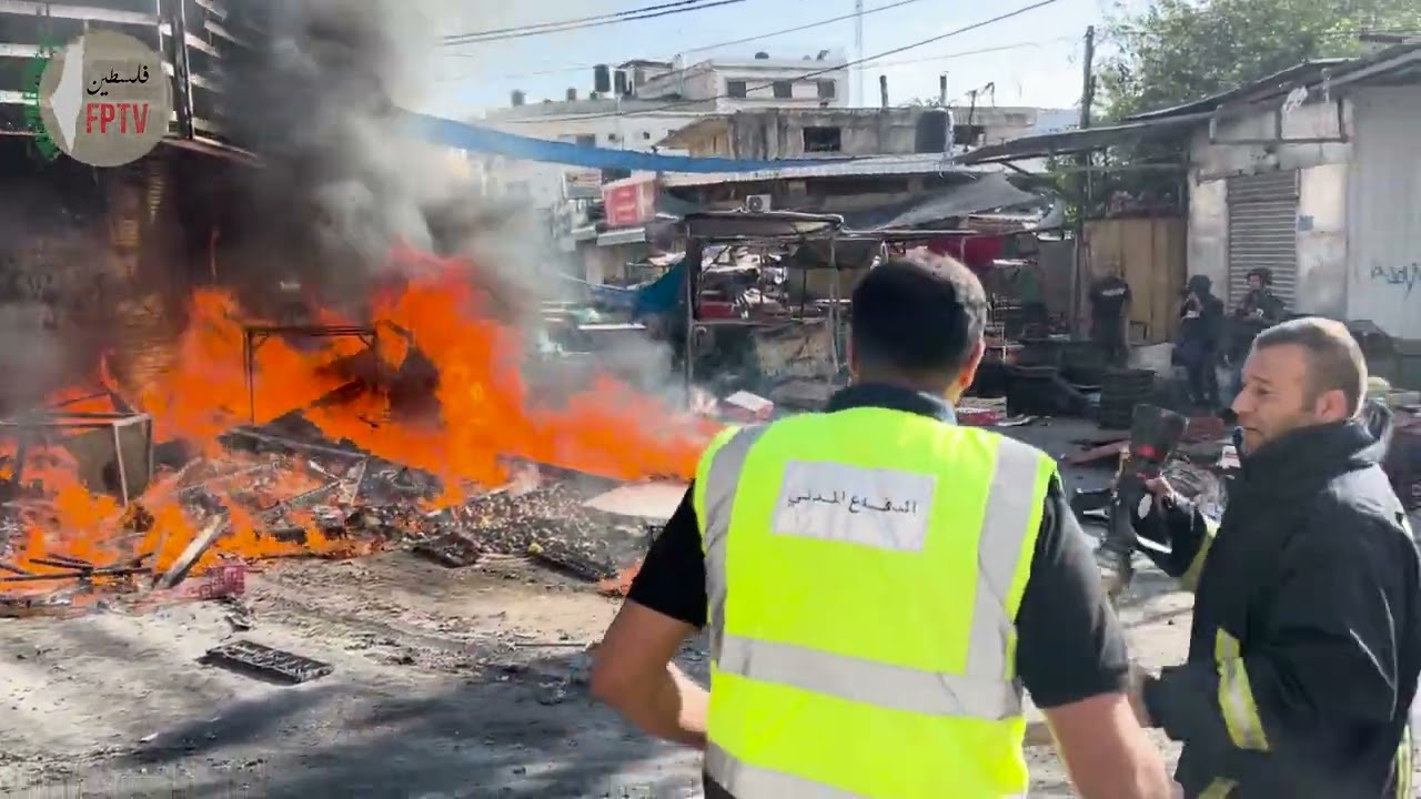 (EXCLUSIVE) Zionist army burns the old market of Jenin City, Palestine, Aug 31, 2024.