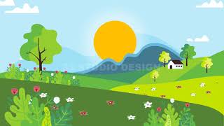 Spring landscape with house and trees ANIMATED