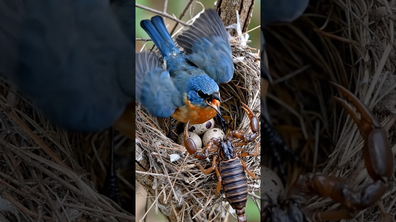 Bird 🐦 is protecting its eggs 🥚 🐣 from a scorpion 🦂 in its nest. 