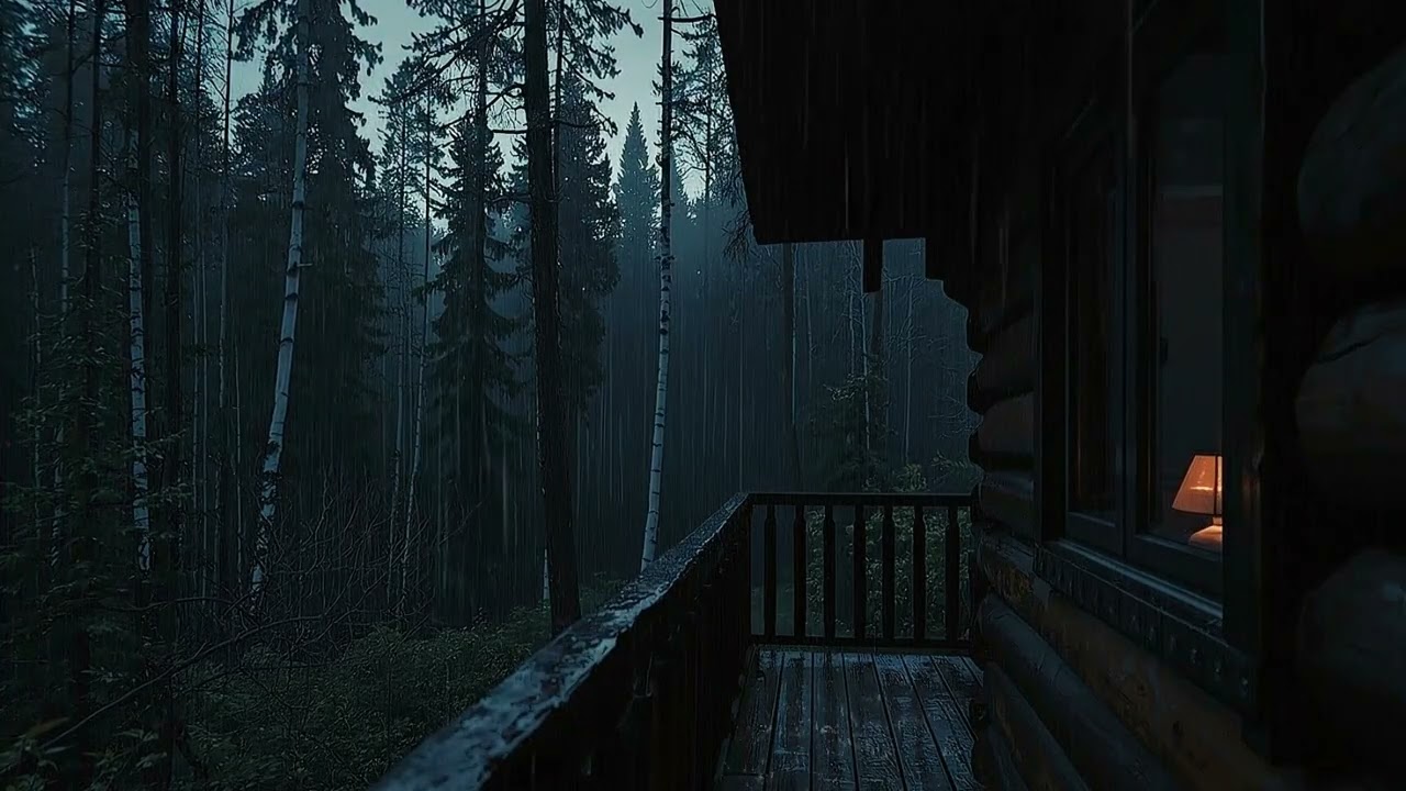Rain on Cozy Wooden Cabin Balcony 🌧️ Dark Forest Night Ambience for Deep Sleep & Insomnia Relief