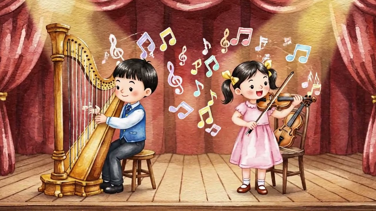 Kids are playing violence and instrument