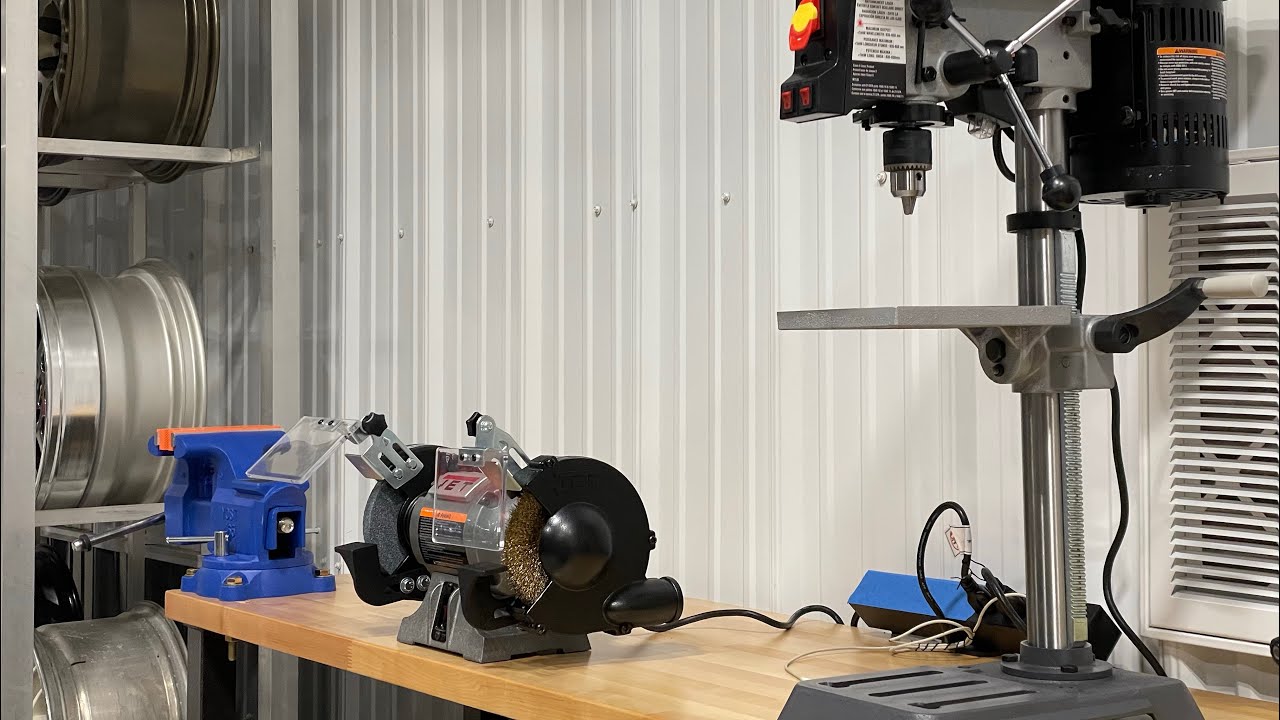 Satisfying Time Lapse - Workshop Build - Gladiator Bench, Yost Vice, Grinder & Drill Press Install