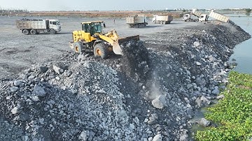 Wonderful Project With Heavy Wheel Loader Pushing Stone And Dump Trucks Loading