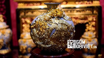 Bình hút tài lộc công đào mạ vàng đắp nổi Bát Tràng