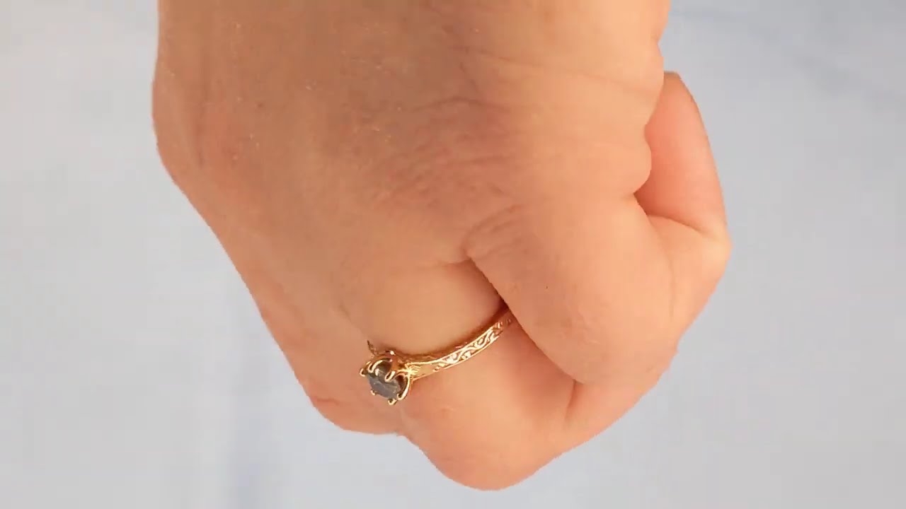 Round Cut Salt and Pepper Diamond Ring, Filigree 18k Rose Gold Engagement Ring