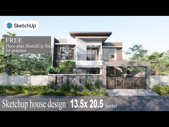 Sketchup house design ( 13.50 x 20.50 m ) + swimming pool class=