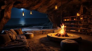 Cozy Cave on Seaside Ambience with Crackling Fire Sounds and Oceans Wave for Relaxation & Sleeping