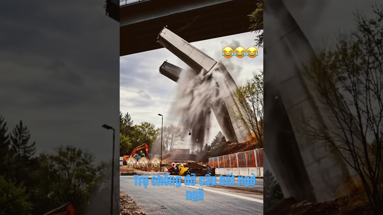 Trụ bê tông chống đỡ cầu bất ngờ ngã sập ai thấy cũng thót tim