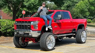 BUILT HIS DREAM TRUCK ON 30X16 FORGIATOS! Chevy gets HUGE 12' RED Cognito and 42s | Cutting Fenders
