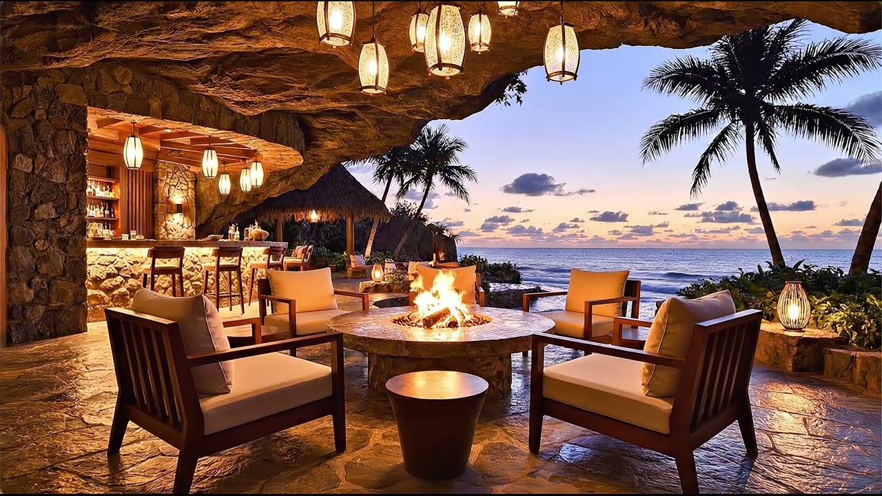 4k Tropical Tuscan Cave Bar Luxury Ambiance | Sunset Fire, Ocean Waves & Deep House (3 Hours)