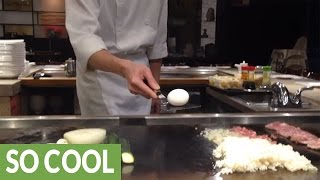 Skillful Teppanyaki chef performs amazing egg trick