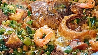 Nigerian food okra soup with fish, beef, tripe and fufu/Nigerian Mukbang