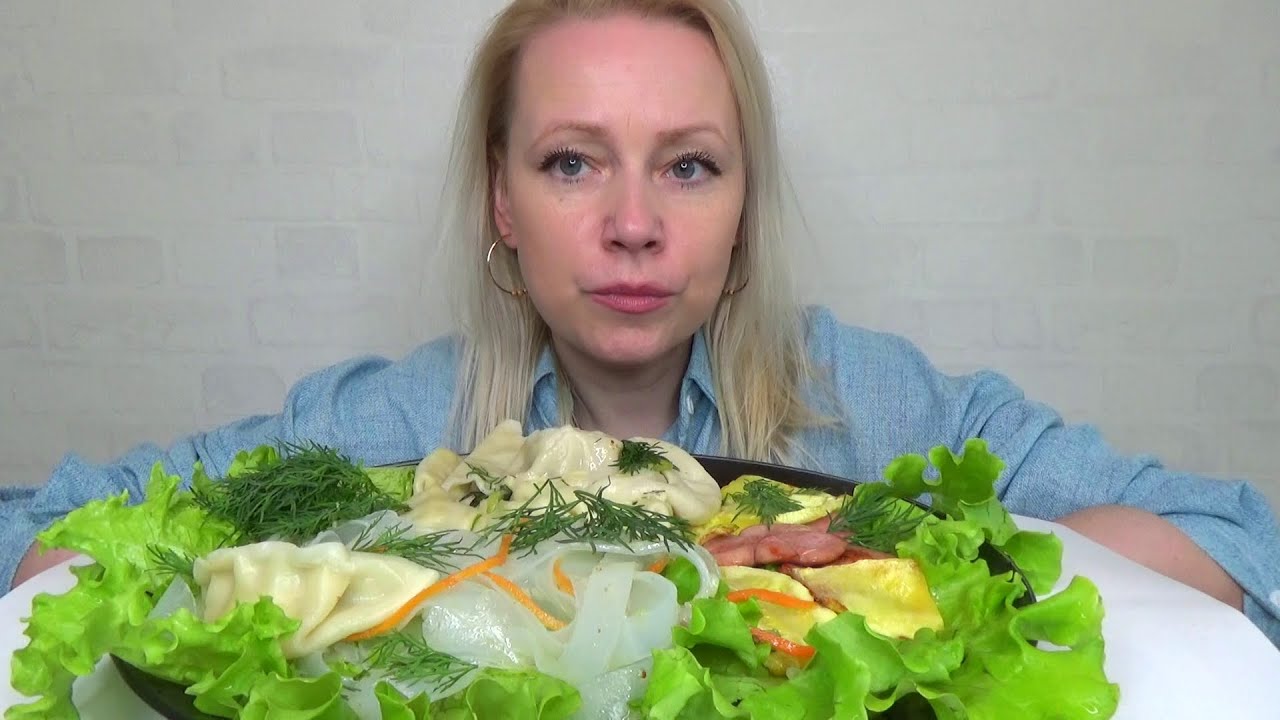 МУКБАНГ ГИОЗА С РЫБОЙ И ОВОЩАМИ, ХИНКАЛИ, ФУНЧОЗА, ЗЕЛЕНЬ/Mukbang еда ...