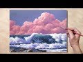 Acrylic Painting Pink Clouds and Waves Seascape