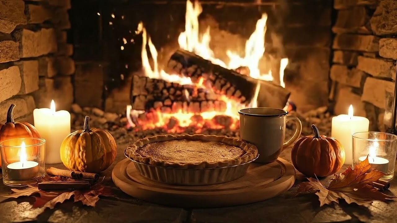 Cozy Thanksgiving Fireplace Screensaver – Crackling Fire, Candlelight & Pumpkin Pie Ambience