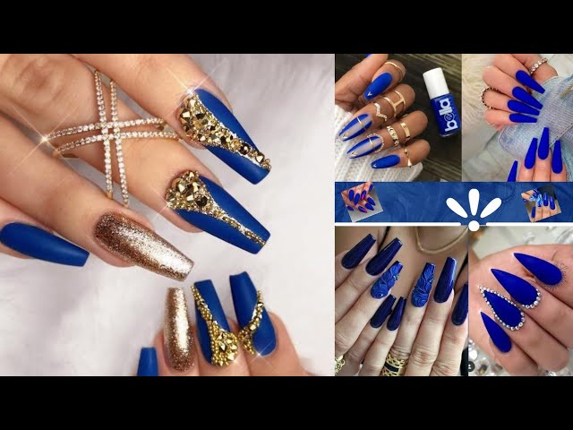 Aksod Uñas Postizas A Presión De Cristal Mate, Color Azul, Extra Largas,  Estilo Ataúd, Diseño Brillante 3D, Uñas Postizas Francesas Degradadas, |  