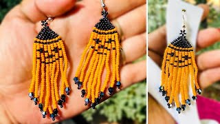 Halloween Pumpkin Beaded Fringe Earrings // Fringe Earrings with Seed Beads //beaded fringe earrings