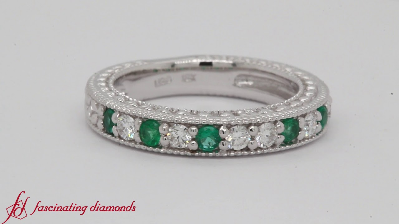Customized Milgrain Hand Engraved Band With Emerald In White Gold