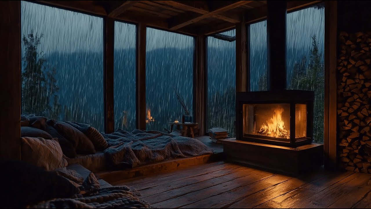 🌧 Cozy Cabin in Heavy Rain with Fireplace Ambience 🔥 Rain Sounds for ...