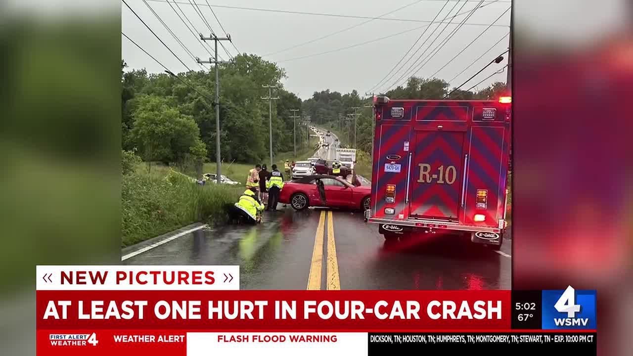 At least one hurt in four-car crash - YouTube