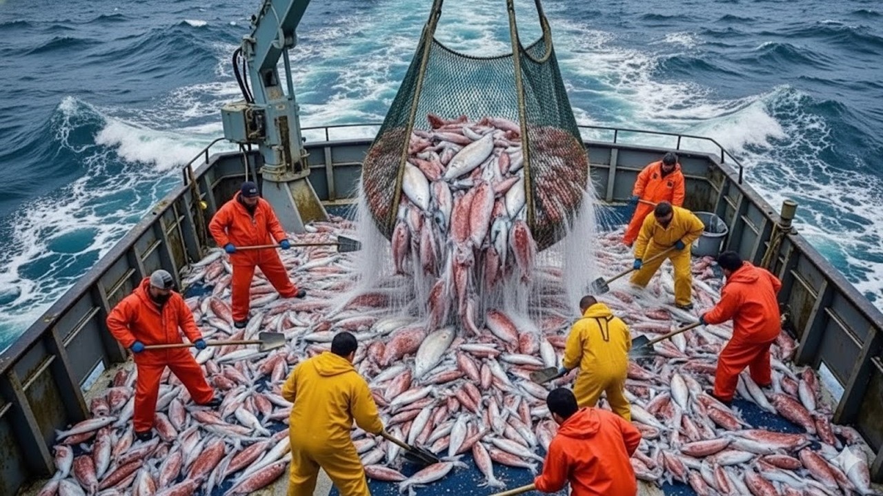 Гигантский современный траулер — масштабная глубоководная рыбалка в море!